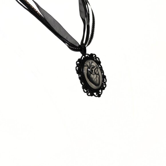 Handmade Gothic Anatomical Heart Necklace Black w/ Silver Metallic Ribbon - Picture 3 of 4